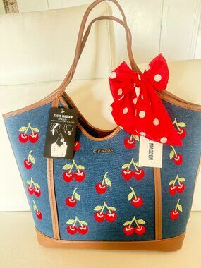 NWT Steve Madden bproud 2 Cherry Denim Blue Tote Shoulder Bag Embroidered